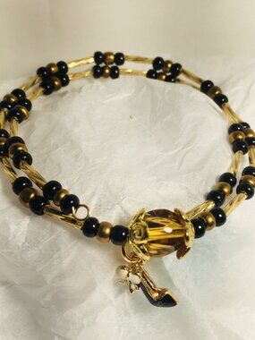 Handmade Black & Gold Double‑Wrap Wire Beaded Bracelet w/ Charm